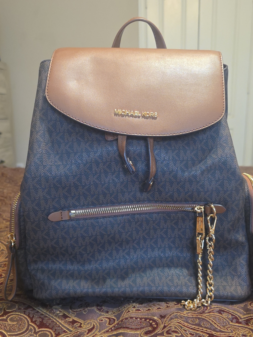 Michael Kors Navy Monogram Backpack with Brown Flap and Gold Hardware